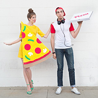 A woman dressed as pizza and a man dressed as a delivery man