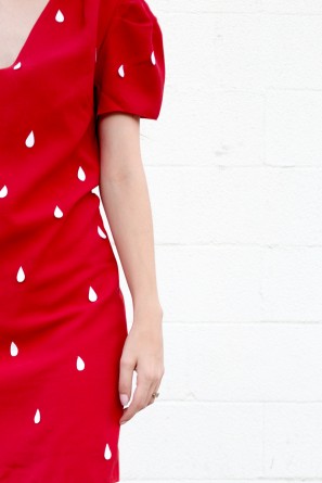 close up of red dress with white seeds on it