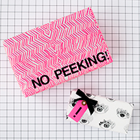 A pink box that says "no peeking"