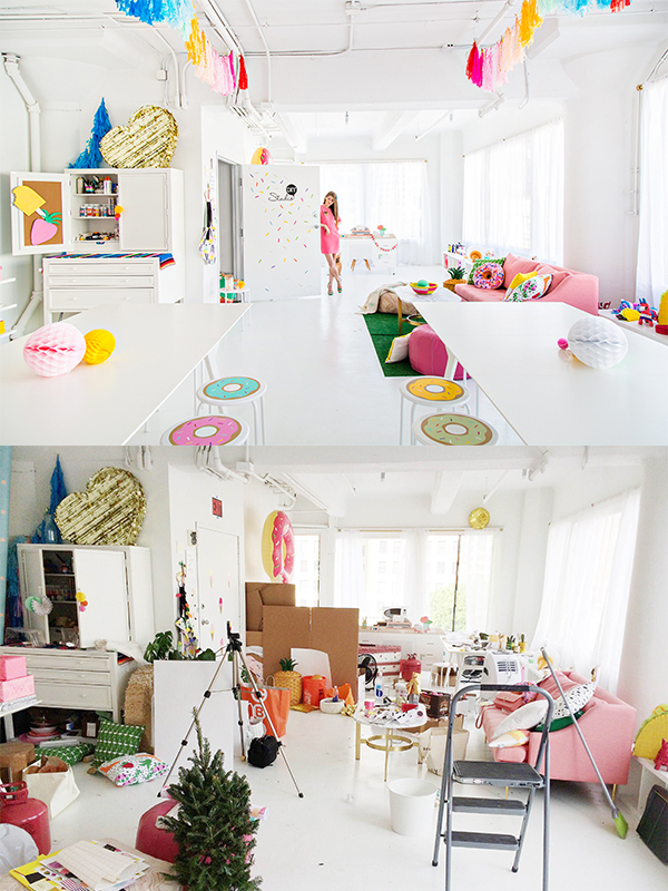 Two photos of a space with decor and furniture 