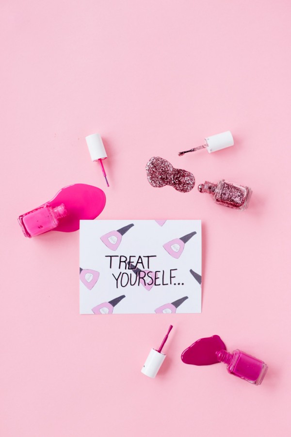 A card that says \"treat yourself\"