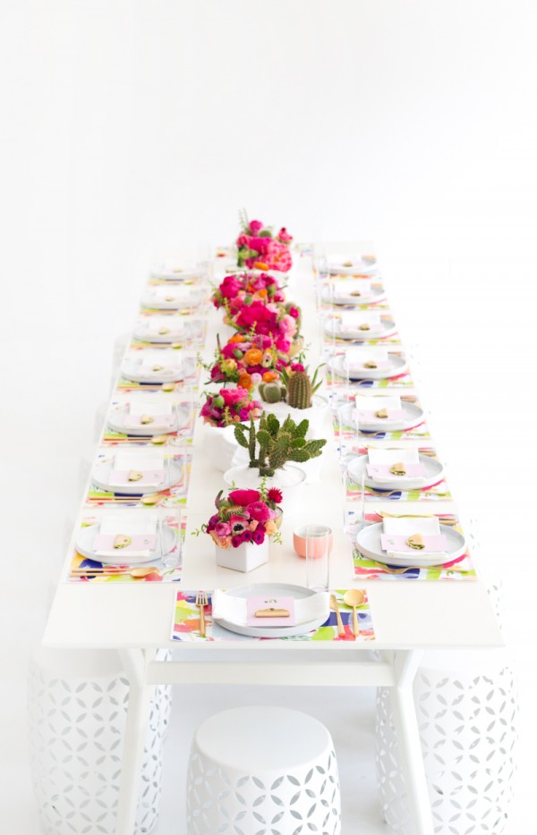 Flowers and plates on a table