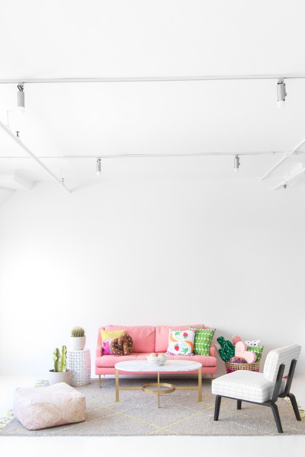 A room with a pink couch and cactus decor