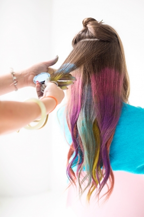 Brunette hair with colorful hair dye