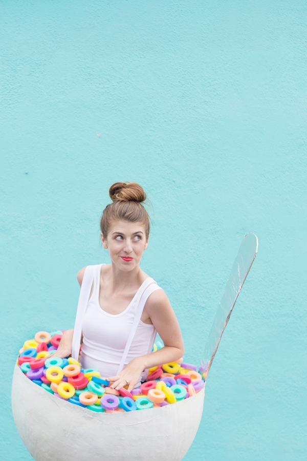 A woman dressed in a cereal costume