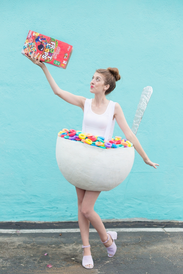 A woman dressed in a cereal costume