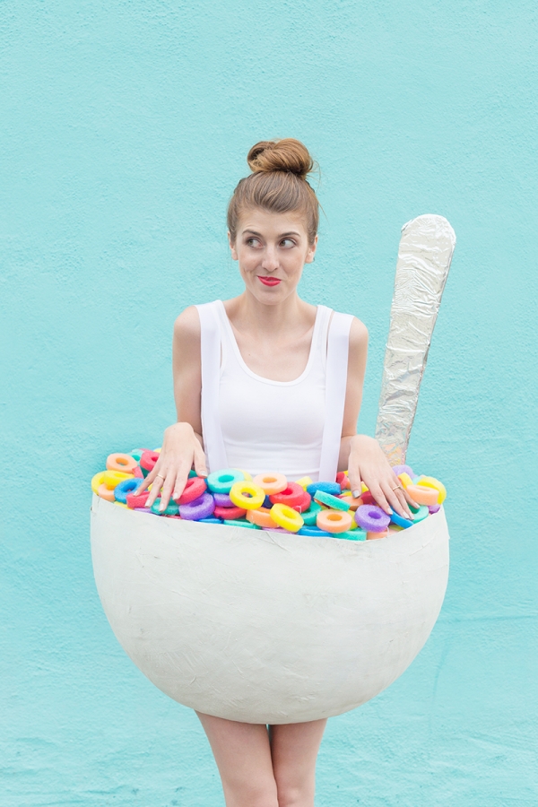 A woman dressed in a cereal costume