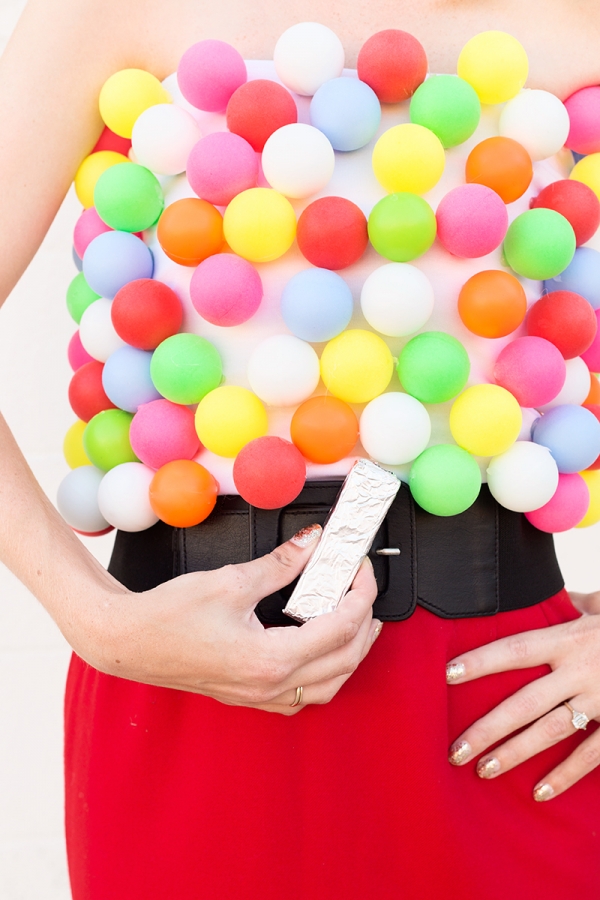A woman dressed as a bubblegum machine
