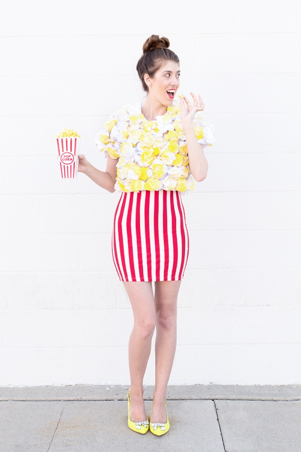 A woman wearing a popcorn costume