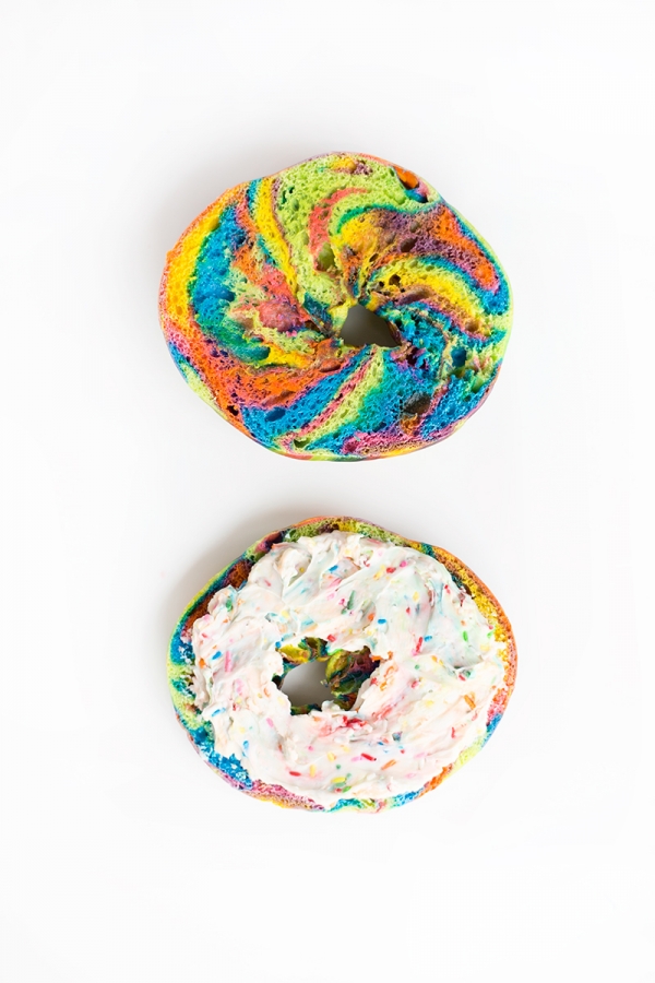 Rainbow bagel with cream cheese