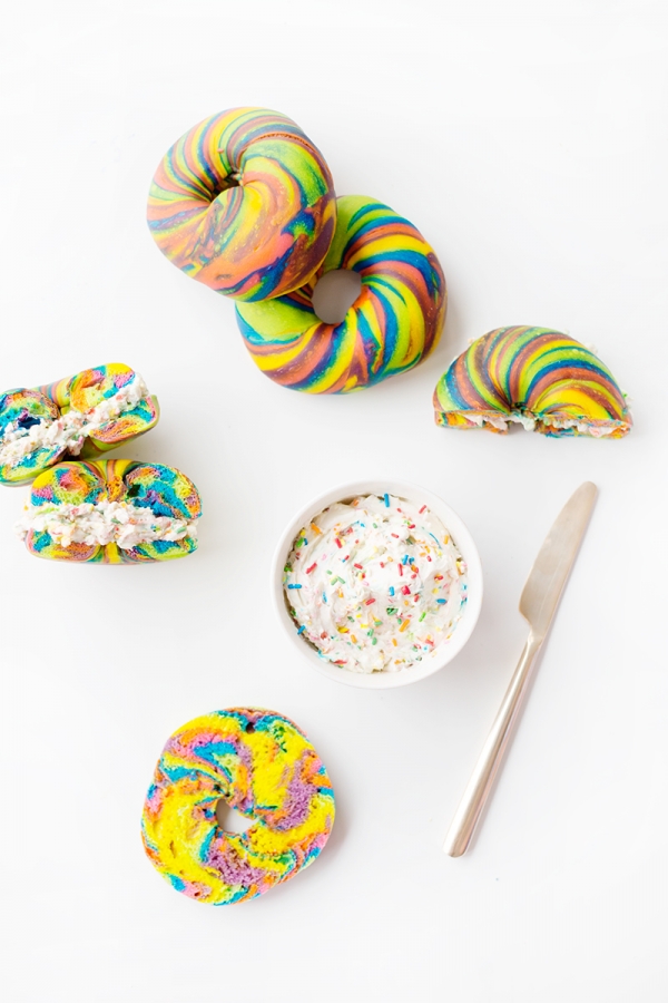 Rainbow bagels with rainbow cream cheese