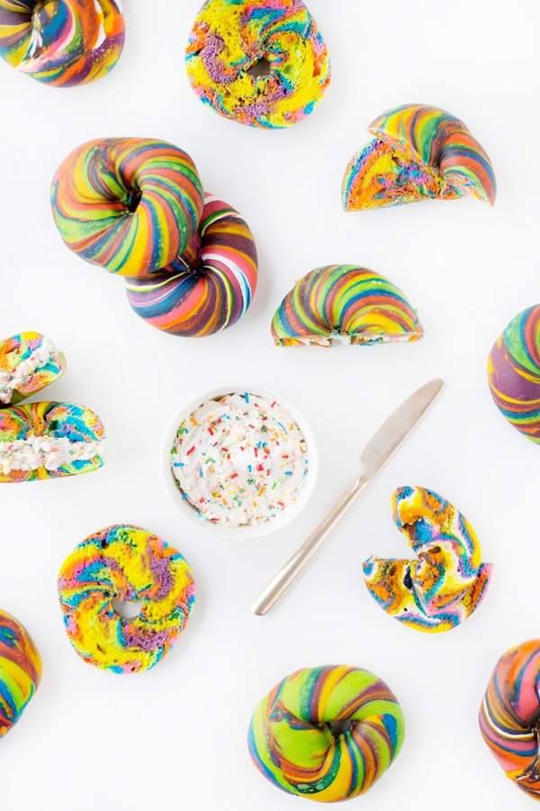 Rainbow bagels with rainbow cream cheese