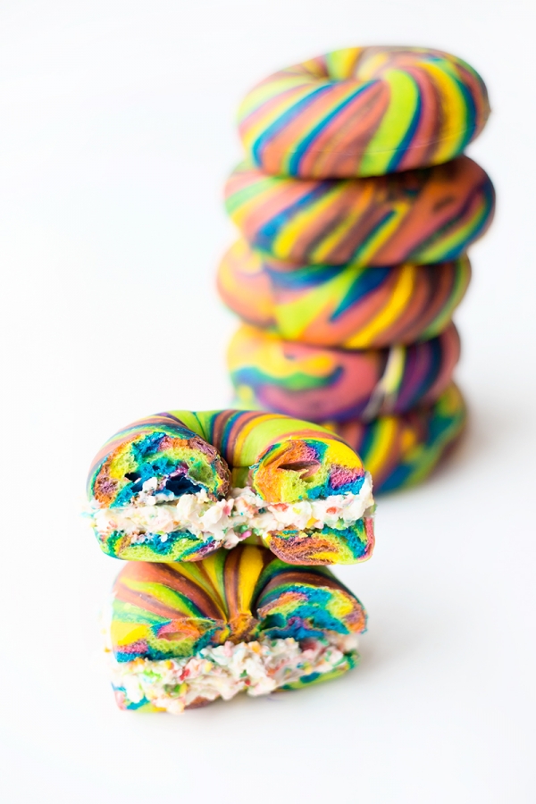 Rainbow bagels with cream cheese