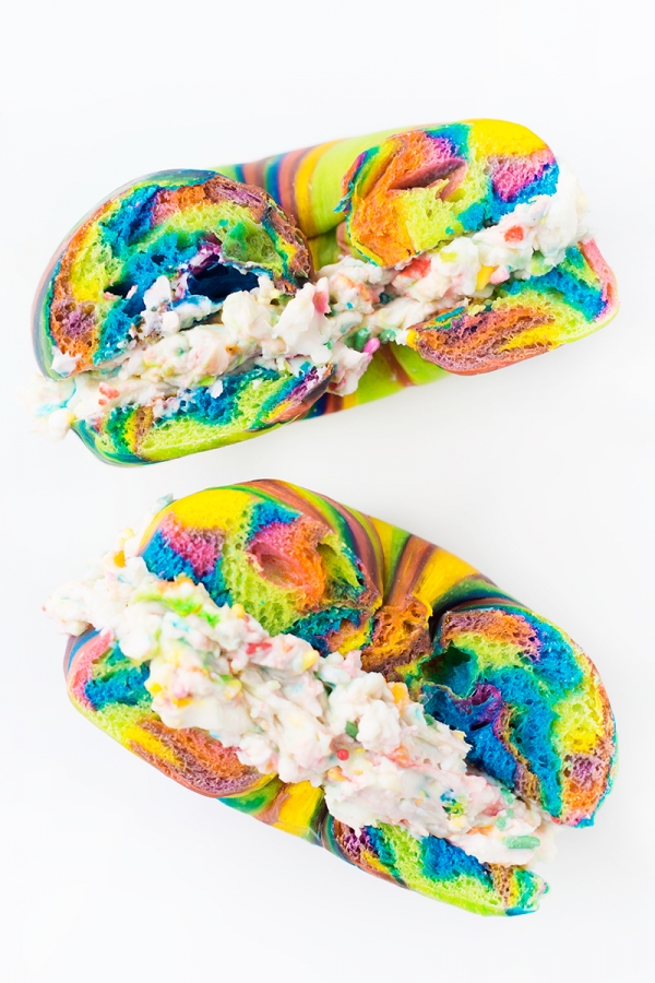 Rainbow bagel with cream cheese