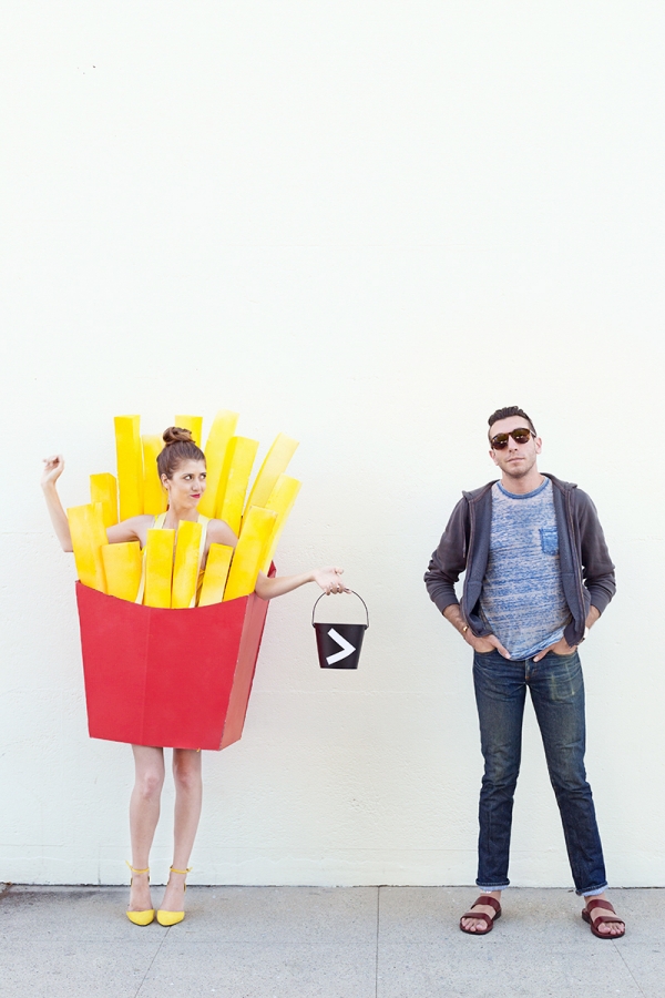 A woman in a fry costume and a man next to her