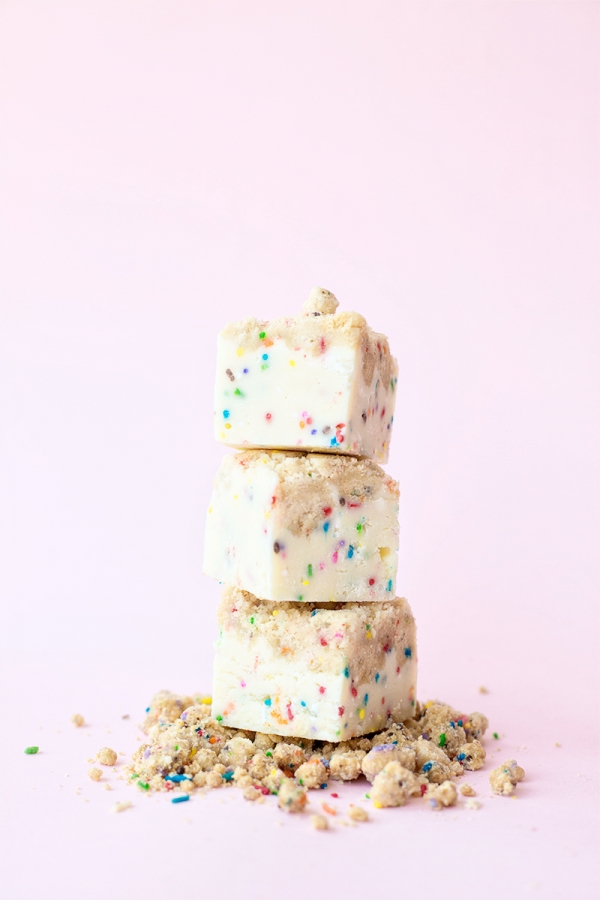 Slices of funfetti fudge on top of each other