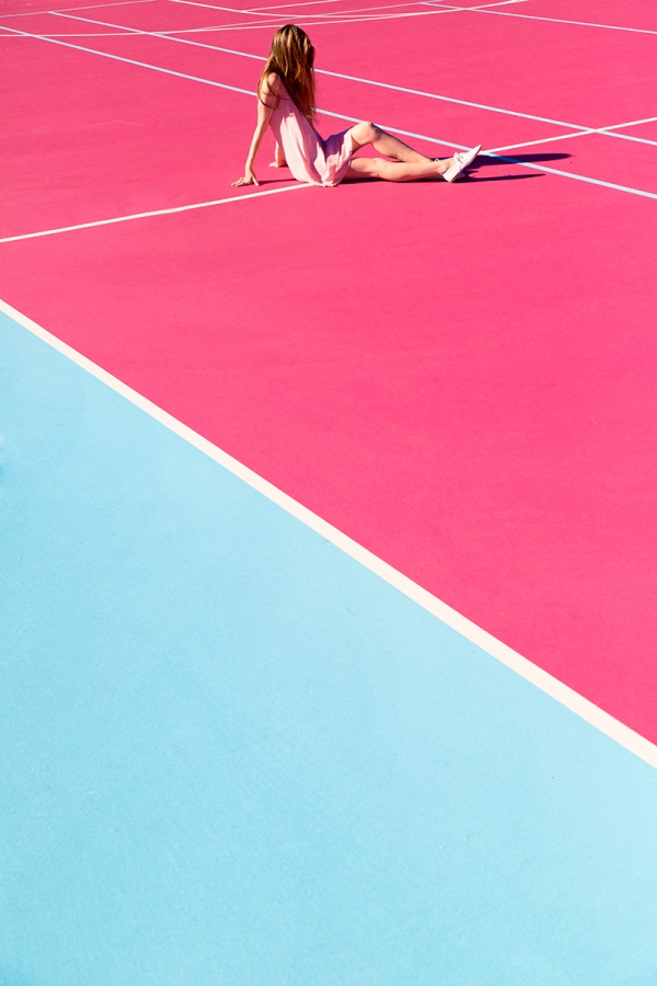 A pink and blue tennis court 