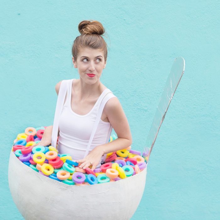 A woman dressed as a cereal bowl