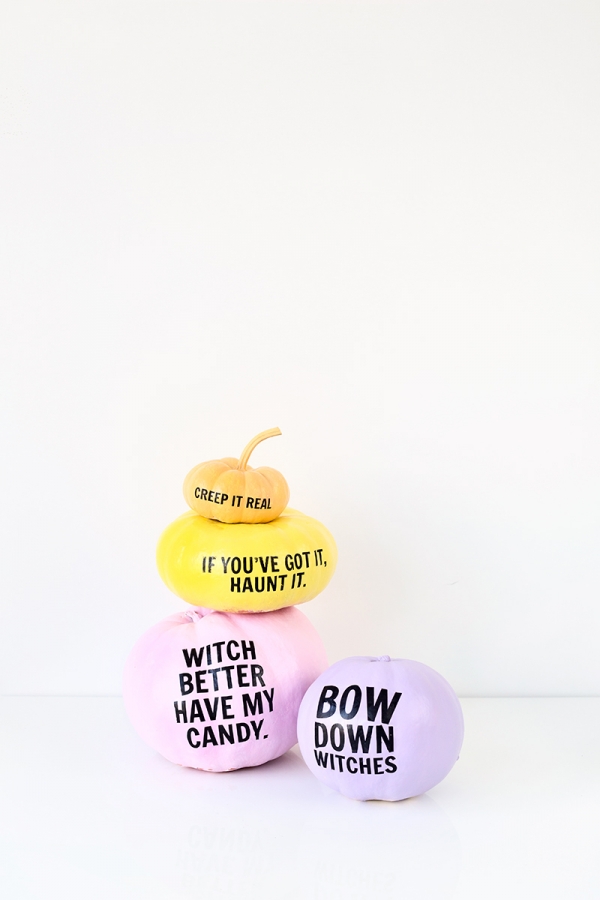 Colorful pumpkins with words on them
