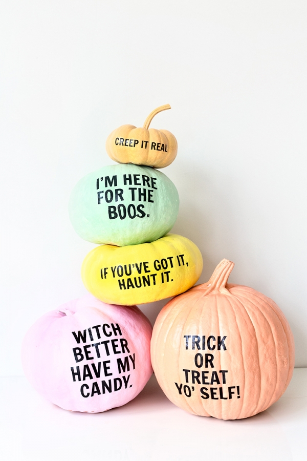 Colorful pumpkins with words on them