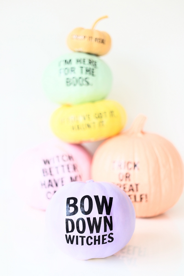 Colorful pumpkins with words on them