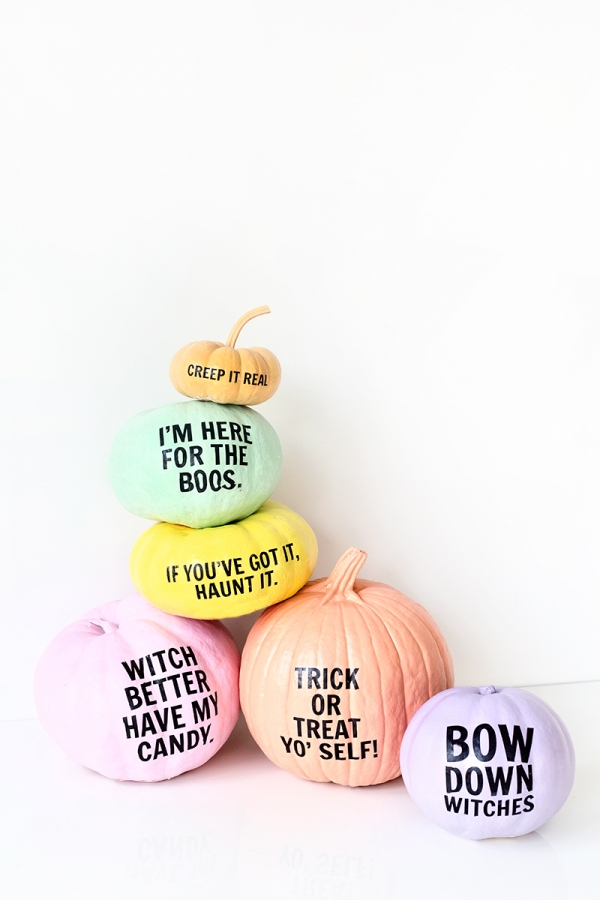 Colorful pumpkins with words on it
