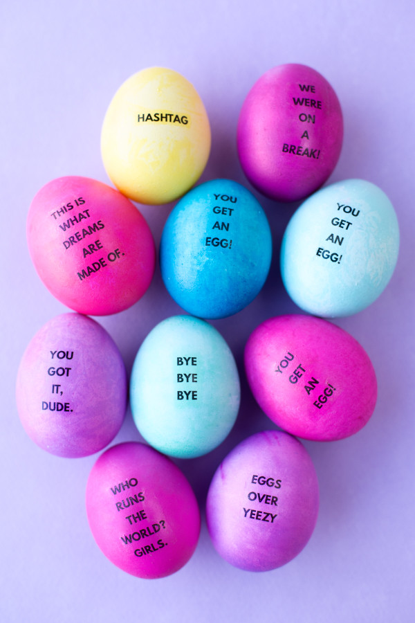 Colorful eggs with words on them