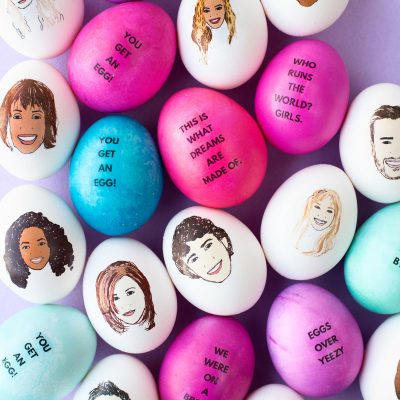 Eggs with words and faces on them