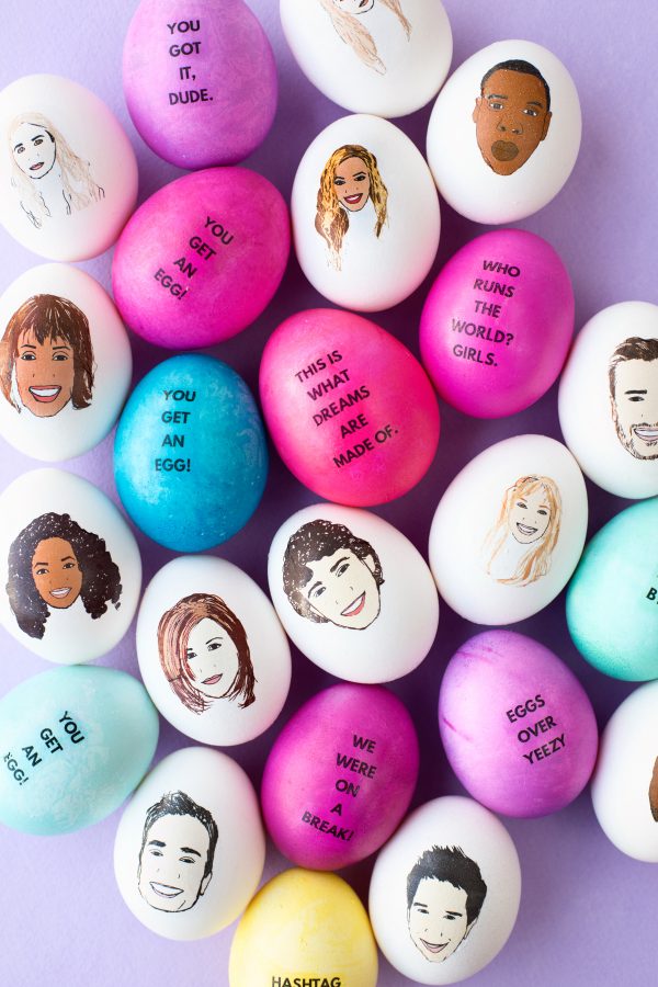 Eggs with words and faces on them