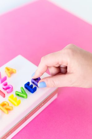 Colorful letters on a box