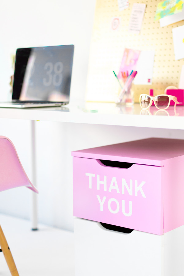 A pink \"thank you\" cabinet