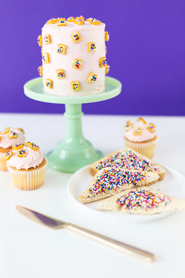 Cake, cupcakes, and bread with sprinkles 