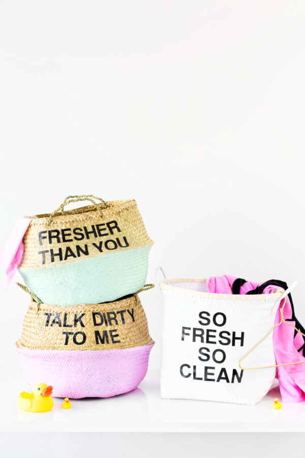 Laundry baskets with words on them