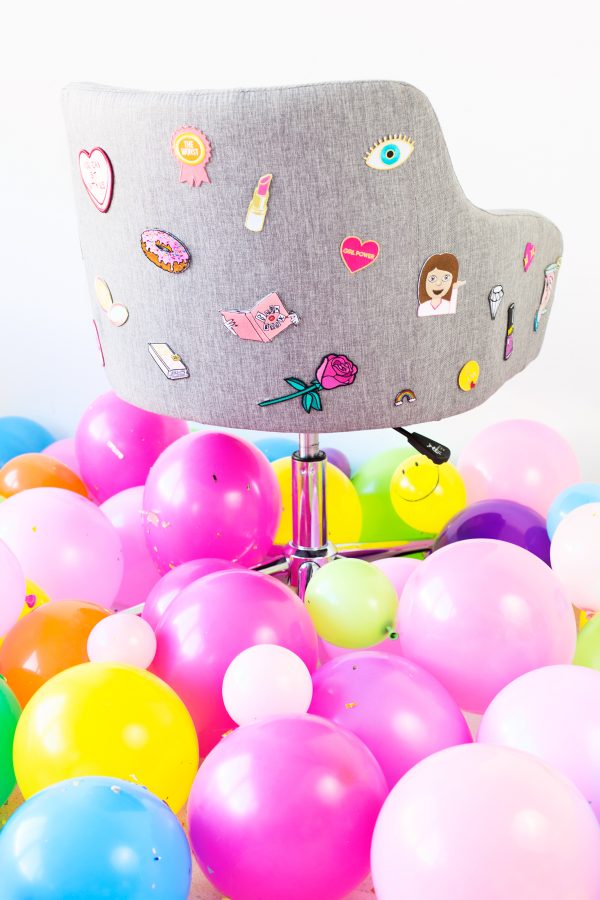 A desk chair and balloons