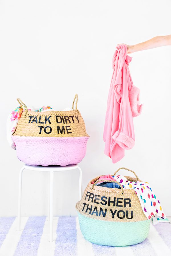 Laundry baskets with words on it