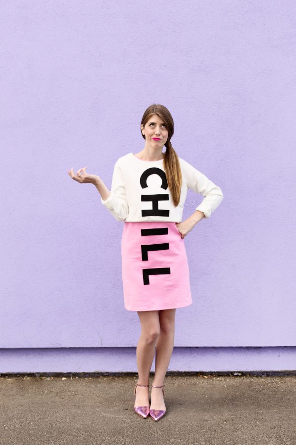 A woman in a \"chill pill\" costume