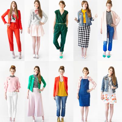 A graphic with a woman posing in different outfits