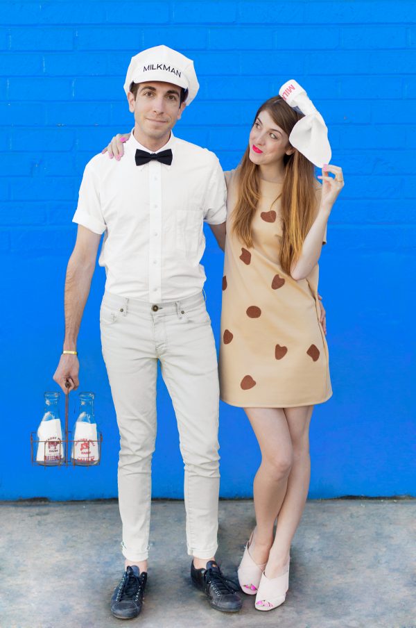 A man and a woman dressed as a cookie and milk man