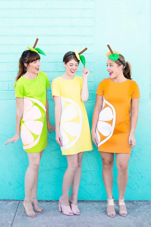 Three girls dressed as fruits