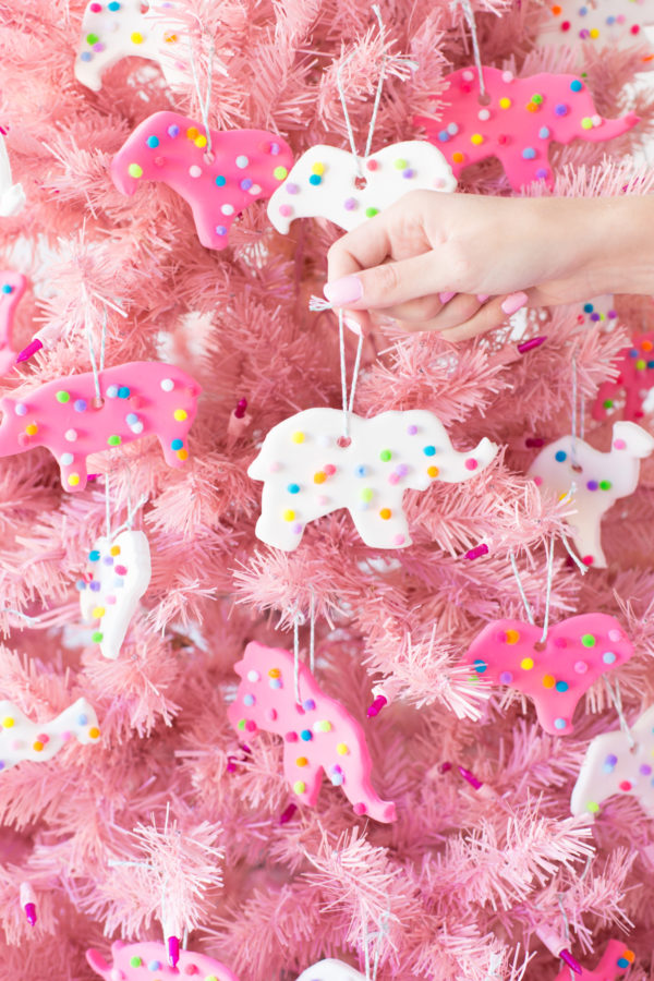 Circus animal cookie ornaments on a pink tree