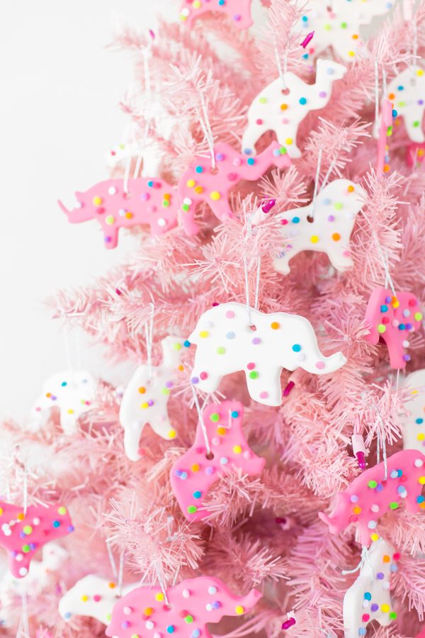 Circus animal cookie ornaments on a pink tree