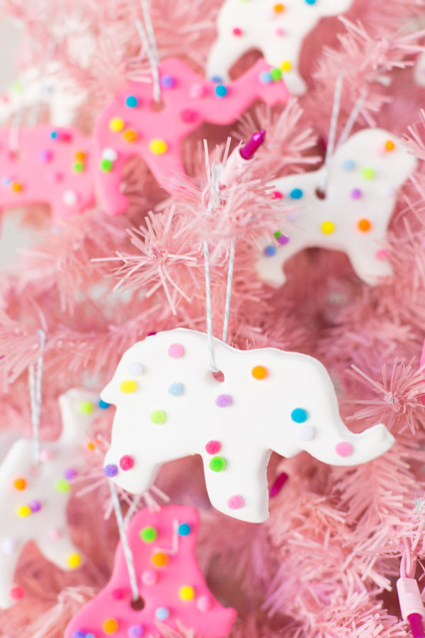 Circus animal cookie ornaments on a pink tree