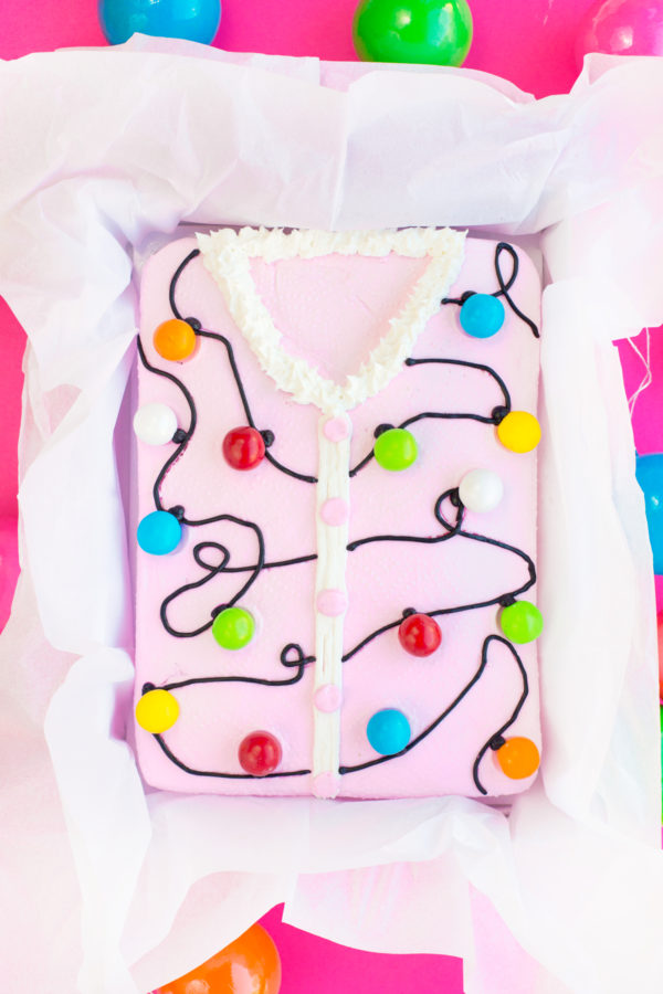 A cake that looks like an ugly Christmas sweater 
