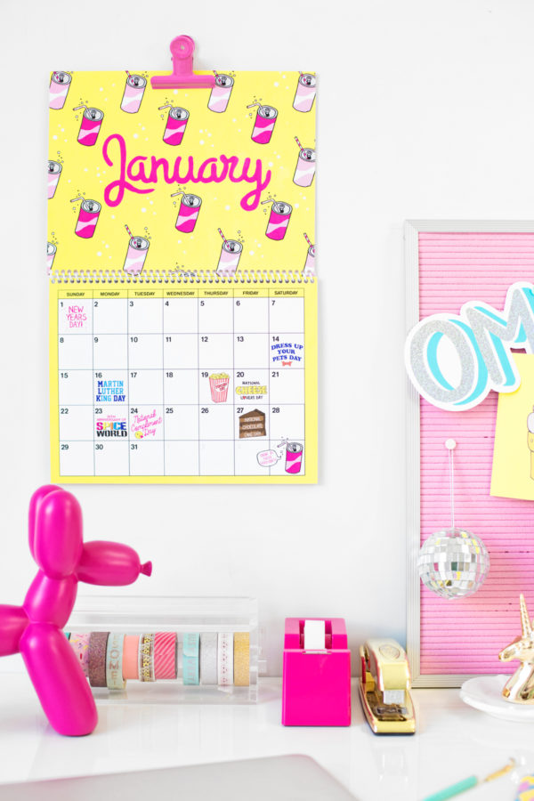 Yellow calendar and pink board