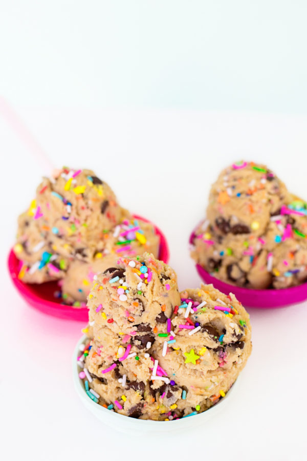 Cookie dough in pink bowls