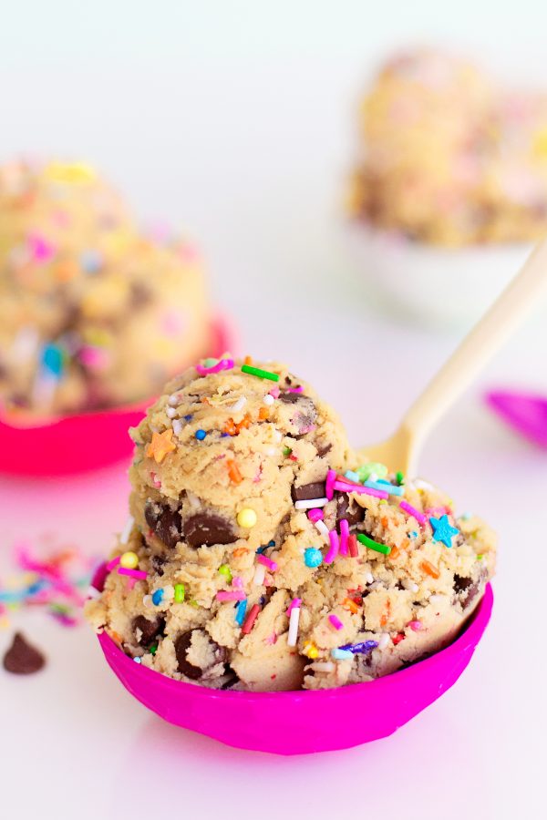 Cookie dough in a pink bowl