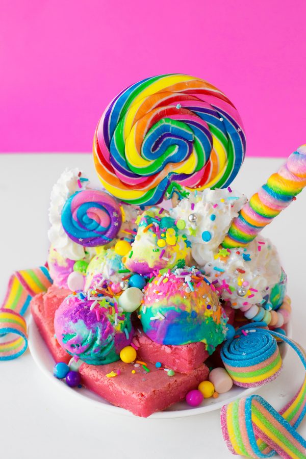 A rainbow brownie sundae