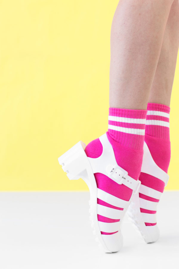 White heels and pink socks