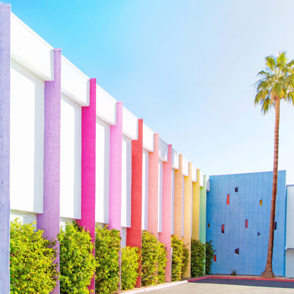 A tall building with rainbow colors