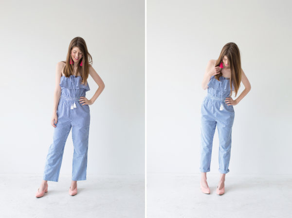 A woman wearing overalls